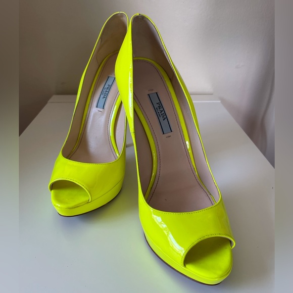 Neon Yellow Peep Toe Prada Platform Heels size 8 - Picture 2 of 14